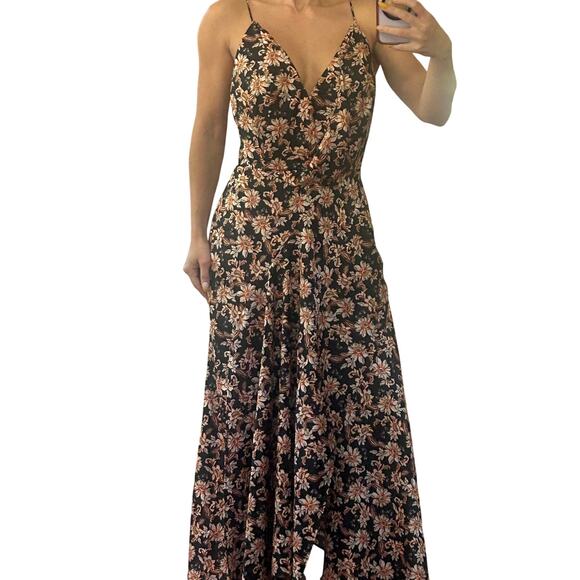 Acler Dresses & Skirts - Acler Vales Black Sunflower Floral Satin Midi Dress Handkerchief Hem 6 S M
